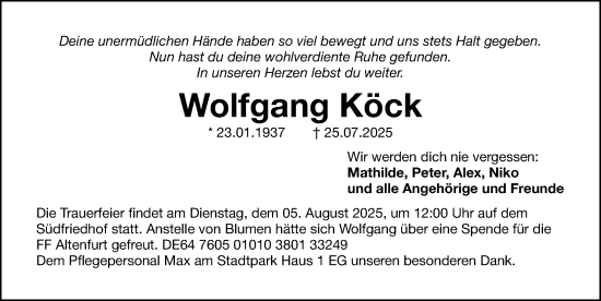 Traueranzeige von Wolfgang Köck von Gesamtausgabe Nürnberger Nachrichten/ Nürnberger Ztg.