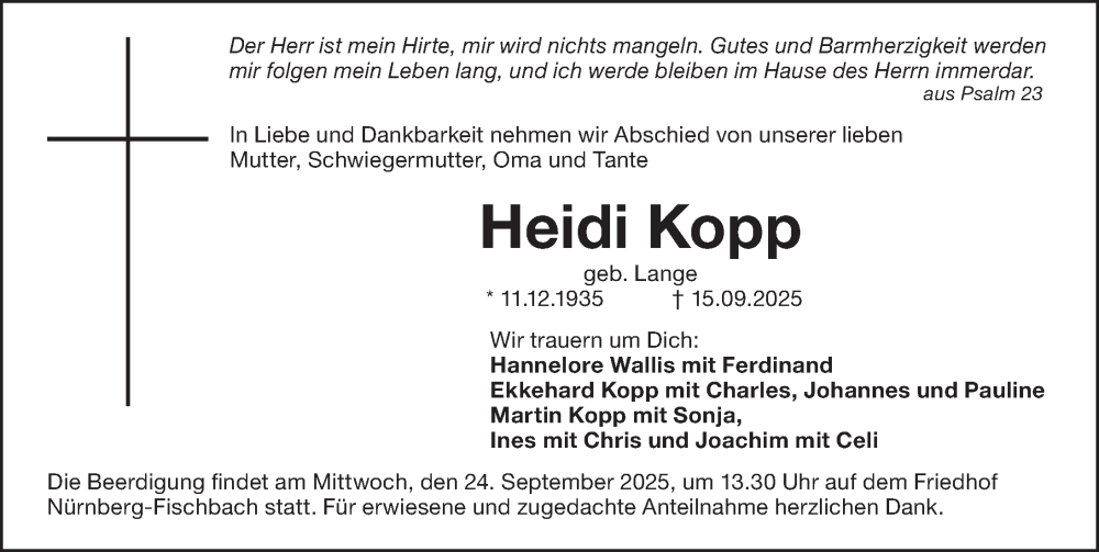  Traueranzeige für Heidi Kopp vom 20.09.2025 aus Gesamtausgabe Nürnberger Nachrichten/ Nürnberger Ztg.