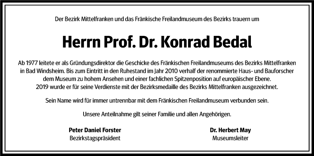  Traueranzeige für Konrad Bedal vom 11.09.2025 aus Gesamtausgabe Nürnberger Nachrichten/ Nürnberger Ztg.