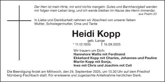 Traueranzeige von Heidi Kopp von Gesamtausgabe Nürnberger Nachrichten/ Nürnberger Ztg.