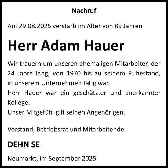 Traueranzeige von Adam Hauer von Neumarkter Nachrichten Lokal