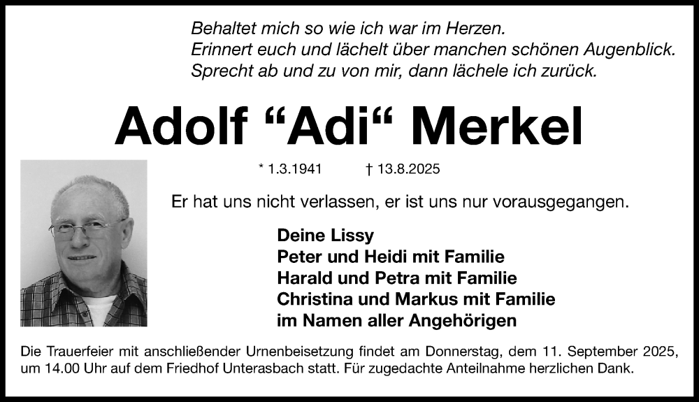  Traueranzeige für Adolf Merkel vom 06.09.2025 aus Fürther Nachrichten Lokal