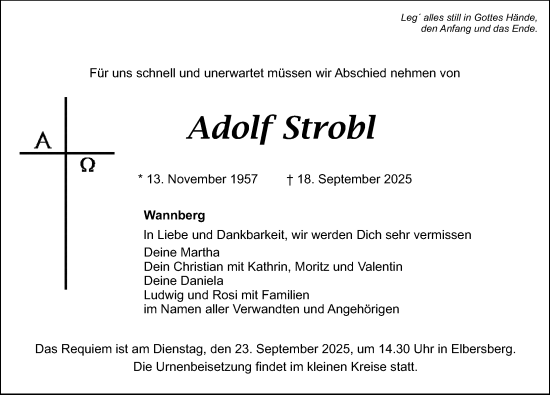 Traueranzeige von Adolf Strobl von Nordbayerische Nachrichten Pegnitz Lokal