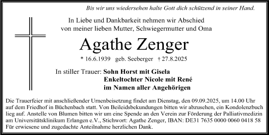 Traueranzeige von Agathe Zenger von Erlanger Nachrichten Lokal