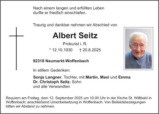 Traueranzeige von Albert Seitz von Neumarkter Nachrichten Lokal