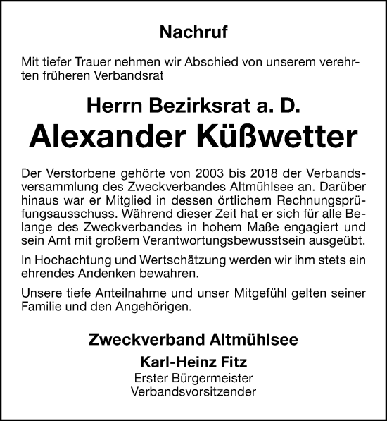Traueranzeige von Alexander Küßwetter von Altmühl-Bote Lokal