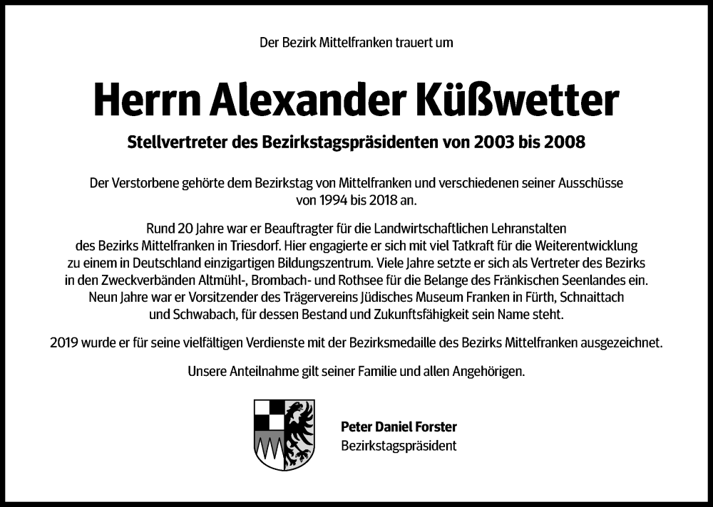  Traueranzeige für Alexander Küßwetter vom 18.09.2025 aus Gesamtausgabe Nürnberger Nachrichten/ Nürnberger Ztg.
