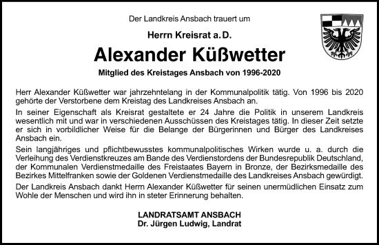 Traueranzeige von Alexander Küßwetter von Altmühl-Bote Lokal