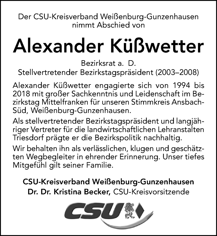  Traueranzeige für Alexander Küßwetter vom 24.09.2025 aus Altmühl-Bote Lokal