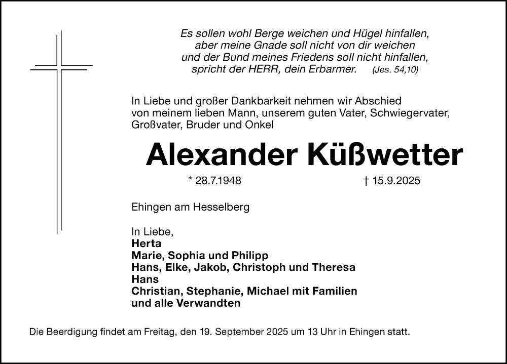  Traueranzeige für Alexander Küßwetter vom 17.09.2025 aus Altmühl-Bote Lokal/ Weißenburger Tagblatt