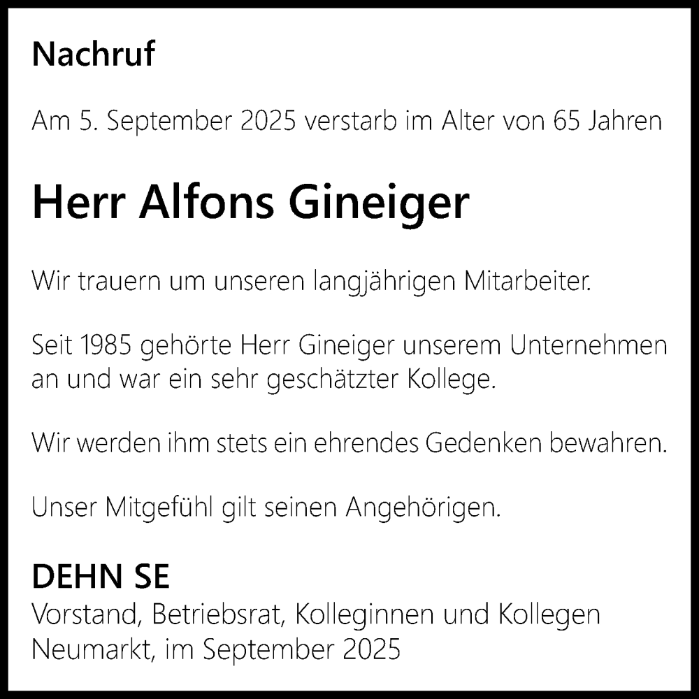  Traueranzeige für Alfons Gineiger vom 29.09.2025 aus Neumarkter Nachrichten Lokal