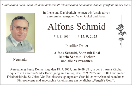 Traueranzeige von Alfons Schmid von Neumarkter Nachrichten Lokal