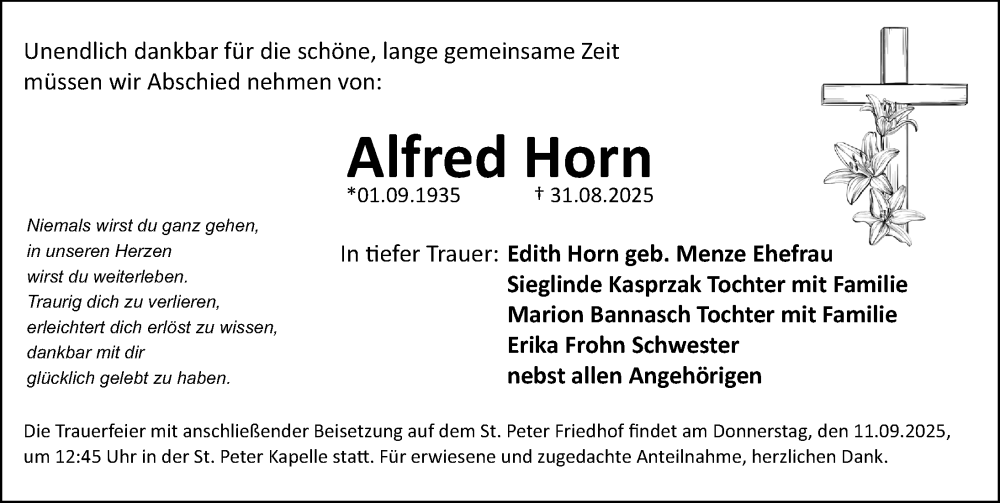  Traueranzeige für Alfred Horn vom 09.09.2025 aus Gesamtausgabe Nürnberger Nachrichten/ Nürnberger Ztg.
