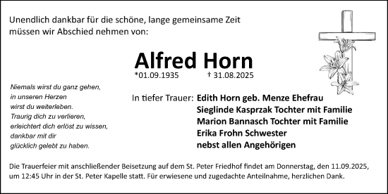 Traueranzeige von Alfred Horn von Gesamtausgabe Nürnberger Nachrichten/ Nürnberger Ztg.
