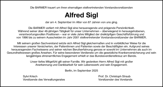Traueranzeige von Alfred Sigl von Gesamtausgabe Nürnberger Nachrichten/ Nürnberger Ztg.