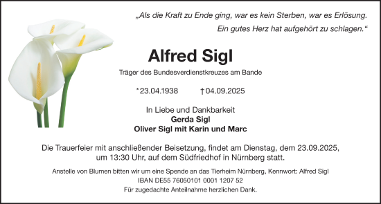Traueranzeige von Alfred Sigl von Gesamtausgabe Nürnberger Nachrichten/ Nürnberger Ztg.