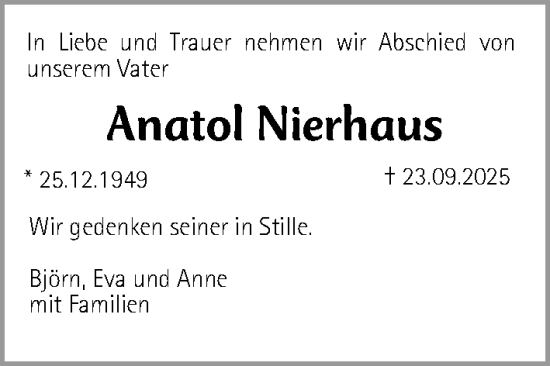 Traueranzeige von Anatol Nierhaus von Gesamtausgabe Nürnberger Nachrichten/ Nürnberger Ztg./ Schwabach
