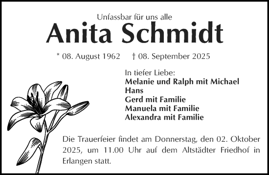 Traueranzeige von Anita Schmidt von Fürther Nachrichten Lokal