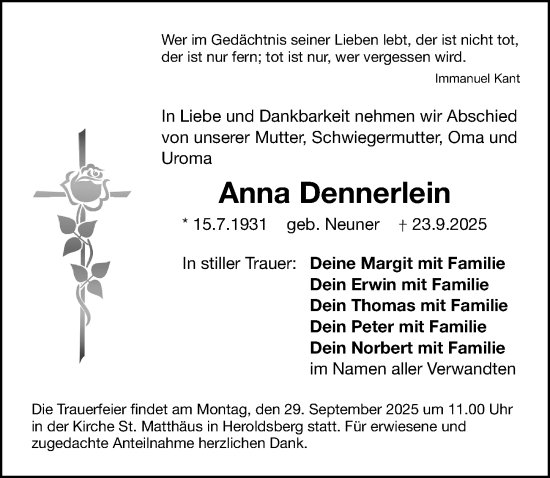 Traueranzeige von Anna Dennerlein von Gesamtausgabe Nürnberger Nachrichten/ Nürnberger Ztg.