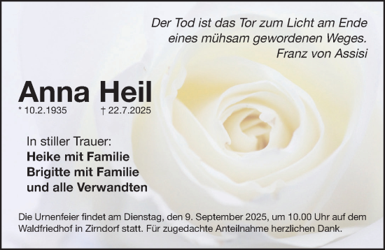 Traueranzeige von Anna Heil von Fürther Nachrichten Lokal