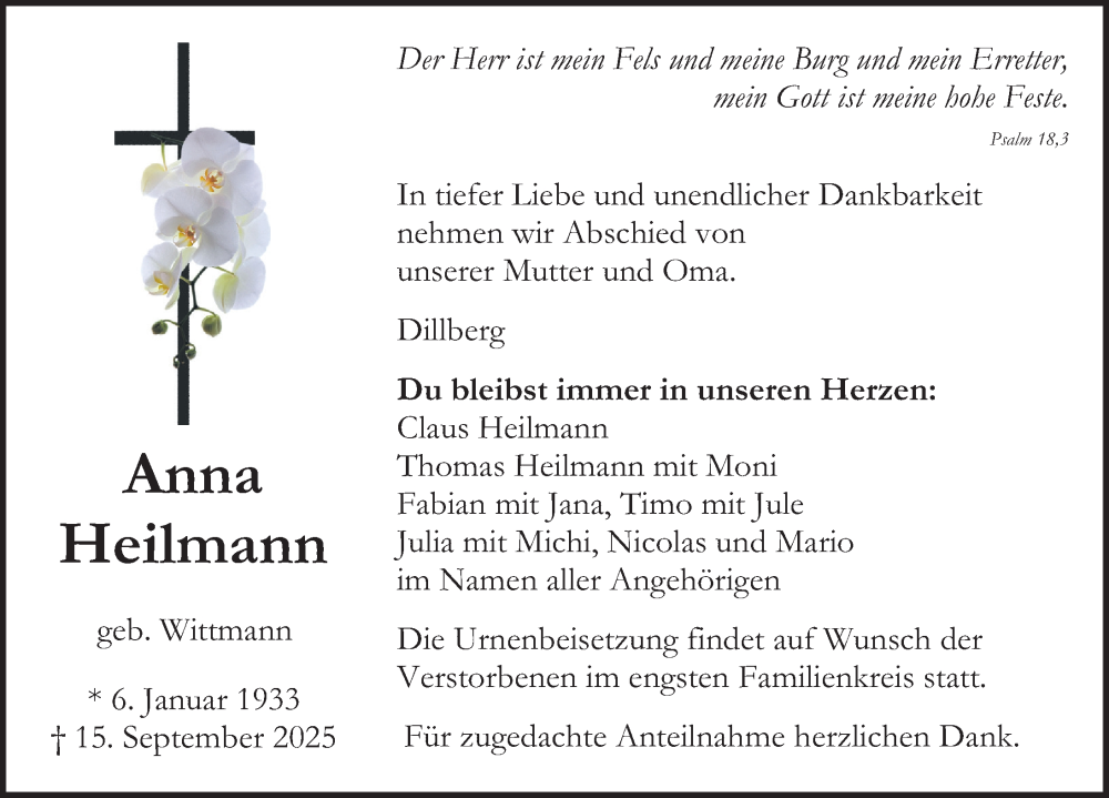  Traueranzeige für Anna Heilmann vom 20.09.2025 aus Neumarkter Nachrichten Lokal