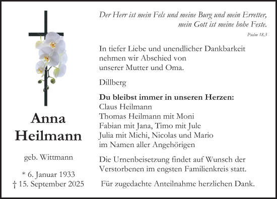 Traueranzeige von Anna Heilmann von Neumarkter Nachrichten Lokal