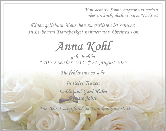 Traueranzeige von Anna Kohl von Neumarkter Nachrichten Lokal