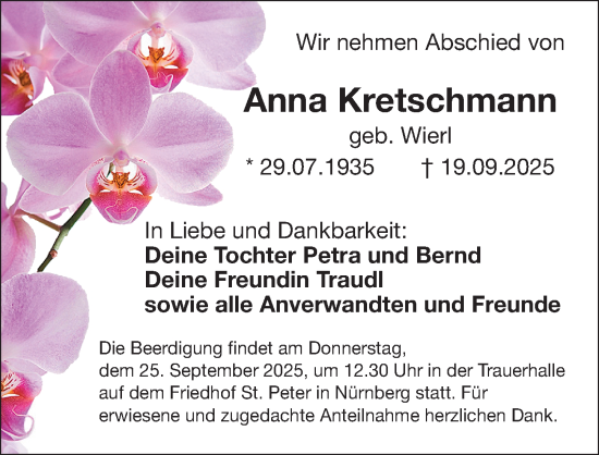 Traueranzeige von Anna Kretschmann von Gesamtausgabe Nürnberger Nachrichten/ Nürnberger Ztg.