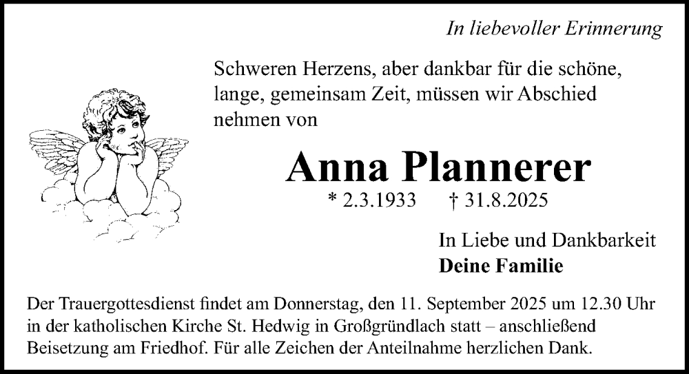  Traueranzeige für Anna Plannerer vom 06.09.2025 aus Gesamtausgabe Nürnberger Nachrichten/ Nürnberger Ztg.