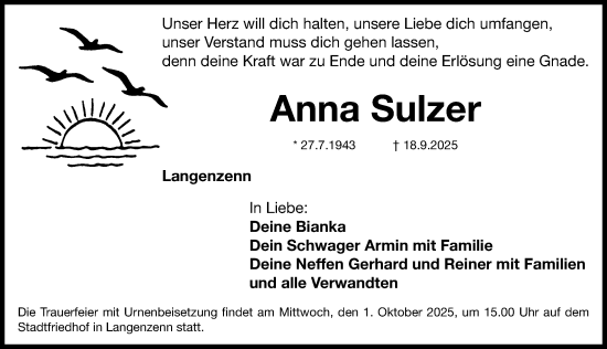 Traueranzeige von Anna Sulzer von Fürther Nachrichten Lokal