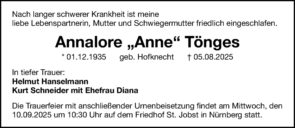  Traueranzeige für Annalore Tönges vom 06.09.2025 aus Gesamtausgabe Nürnberger Nachrichten/ Nürnberger Ztg.