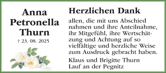 Traueranzeige von Anna Petronella Thurn von Gesamtausgabe Nürnberger Nachrichten/ Nürnberger Ztg.