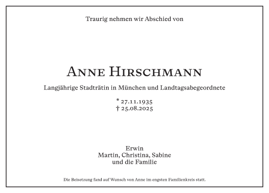 Traueranzeige von Anne Hirschmann von Altmühl-Bote Lokal