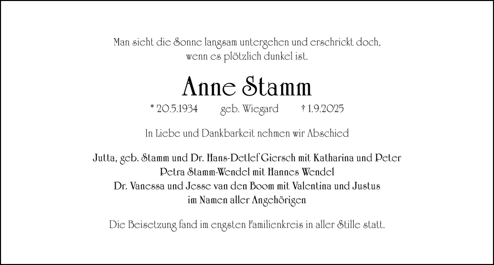  Traueranzeige für Anne Stamm vom 13.09.2025 aus Gesamtausgabe Nürnberger Nachrichten/ Nürnberger Ztg.