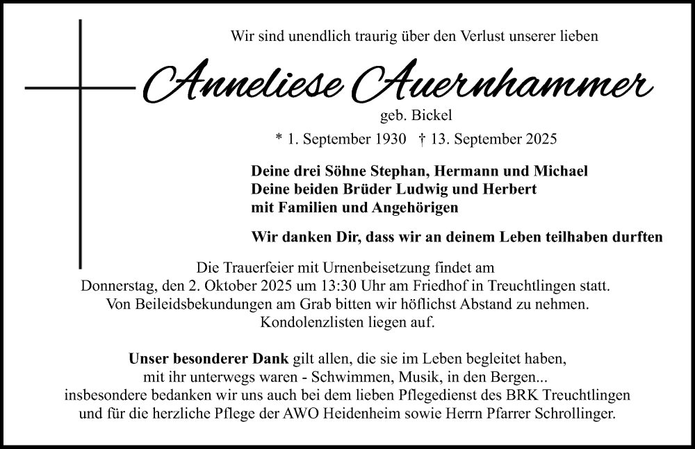  Traueranzeige für Anneliese Auernhammer vom 27.09.2025 aus Altmühl-Bote Lokal