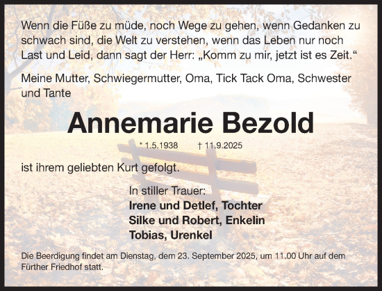 Traueranzeige von Annemarie Bezold von Fürther Nachrichten Lokal