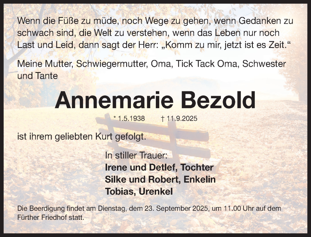  Traueranzeige für Annemarie Bezold vom 20.09.2025 aus Fürther Nachrichten Lokal