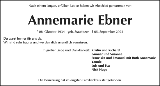 Traueranzeige von Annemarie Ebner von Fürther Nachrichten/ Gesamtausgabe Nürnberger Nachrichten/ Nürnberger Ztg.