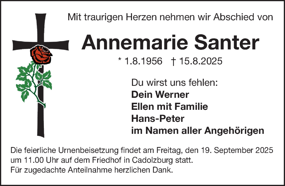  Traueranzeige für Annemarie Santer vom 17.09.2025 aus Gesamtausgabe Nürnberger Nachrichten/ Nürnberger Ztg./ Fürther Nachrichten