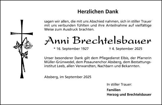 Traueranzeige von Anni Brechtelsbauer von Altmühl-Bote Lokal