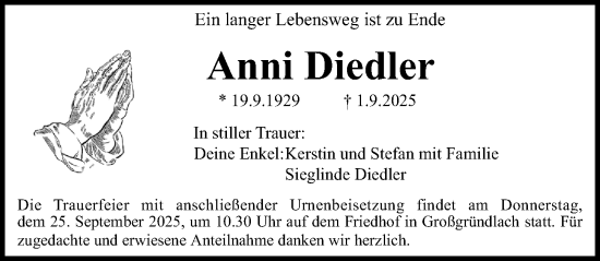 Traueranzeige von Anni Diedler von Gesamtausgabe Nürnberger Nachrichten/ Nürnberger Ztg./ Fürther Nachrichten