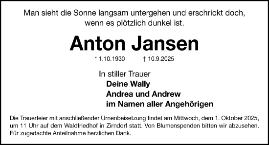Traueranzeige von Anton Jansen von Fürther Nachrichten Lokal