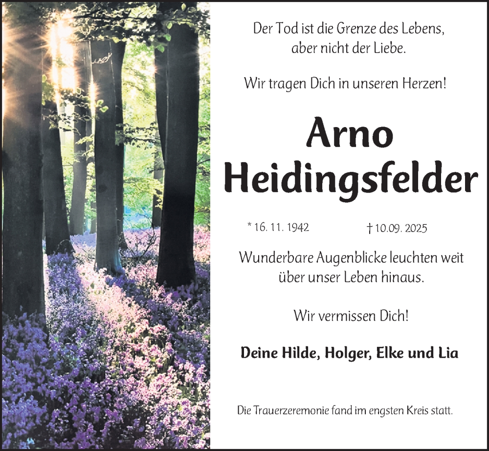  Traueranzeige für Arno Heidingsfelder vom 30.09.2025 aus Fürther Nachrichten Lokal