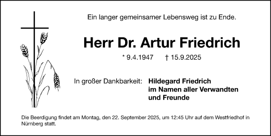 Traueranzeige von Artur Friedrich von Gesamtausgabe Nürnberger Nachrichten/ Nürnberger Ztg.