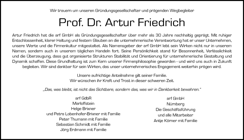  Traueranzeige für Artur Friedrich vom 20.09.2025 aus Gesamtausgabe Nürnberger Nachrichten/ Nürnberger Ztg.