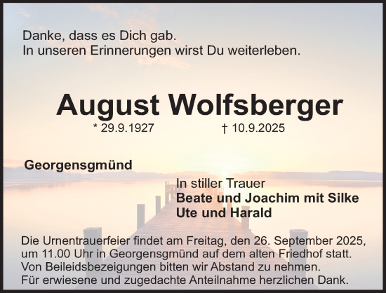 Traueranzeige von August Wolfsberger von Roth-Hilpoltsteiner Volkszeitung Lokal