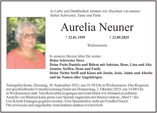 Traueranzeige von Aurelia Neuner von Nordbayerische Nachrichten Forchheim Lokal