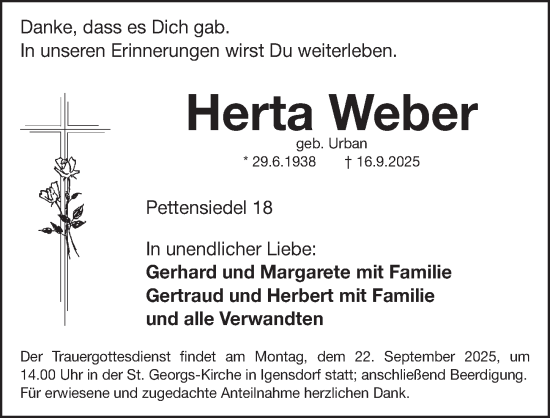 Traueranzeige von Herta Weber von Nordbayerische Nachrichten Forchheim Lokal