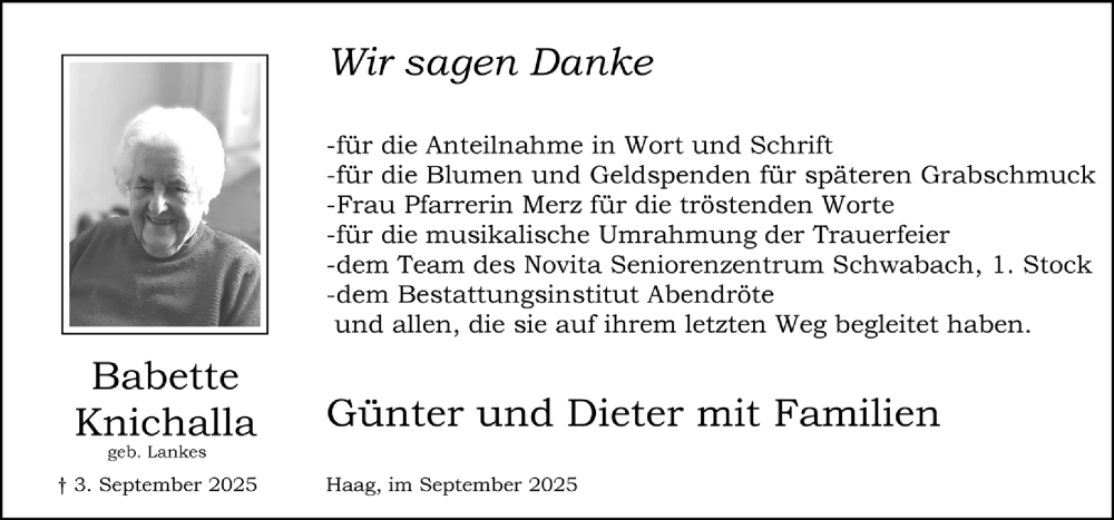  Traueranzeige für Babette Knichalla vom 13.09.2025 aus Schwabacher Tagblatt Lokal
