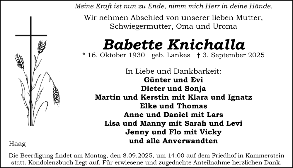  Traueranzeige für Babette Knichalla vom 06.09.2025 aus Schwabacher Tagblatt Lokal